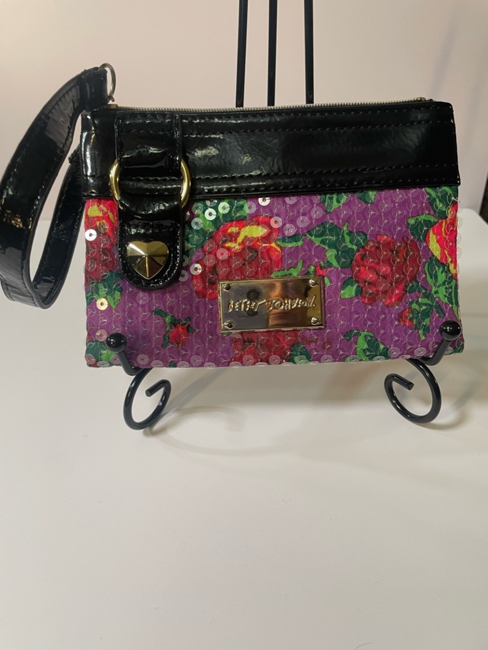 Betsey Johnson Purple Floral Sequin Wristlet with Black Patent Trim